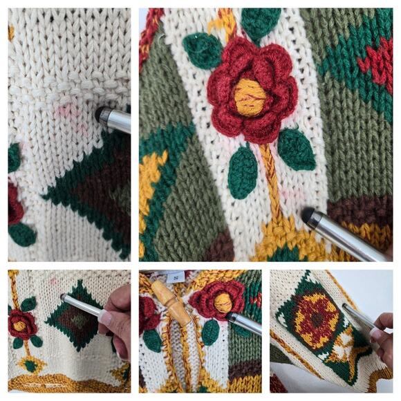 VTG Tony Lambert Cardigan Sweater S Ivory Multicolor Cabincore Cottagecore READ - Picture 14 of 15